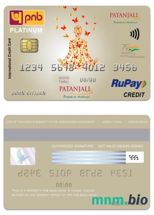 India PNB Bank Patanjali RuPay platyna credit karta przykład w formacie PSD